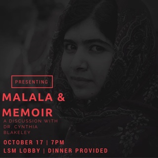 Poster for author's talk at Emory University entitled "Malala and memoir." The poster shows a headshot of Malala.