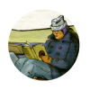 Round icon showing a drawing of a person sitting on a bench reading a book about Cape Cod. The person is dressed in a warm coat and blue jeans, with a hat on her head.